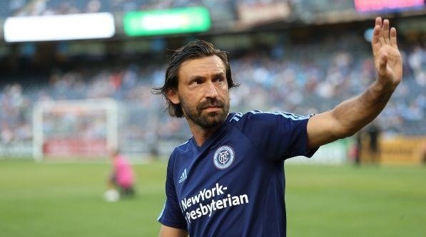 Pirlo waving to fans during the New York City FC pregame warm ups.