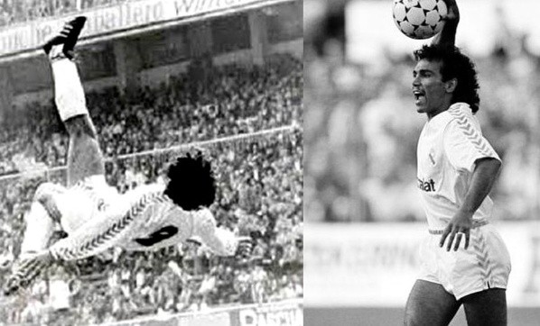 Hugo Sánchez realizando una chilena en el Madrid. El mexicano hacía buenas piruetas.