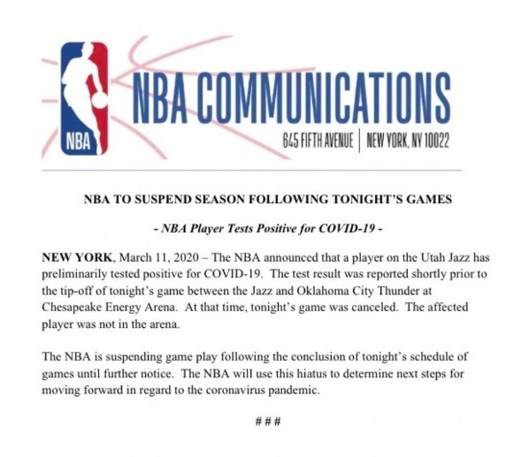 El comunicado de la NBA suspendiendo la temporada 2019-2020 por la pandemia del Coronavirus
