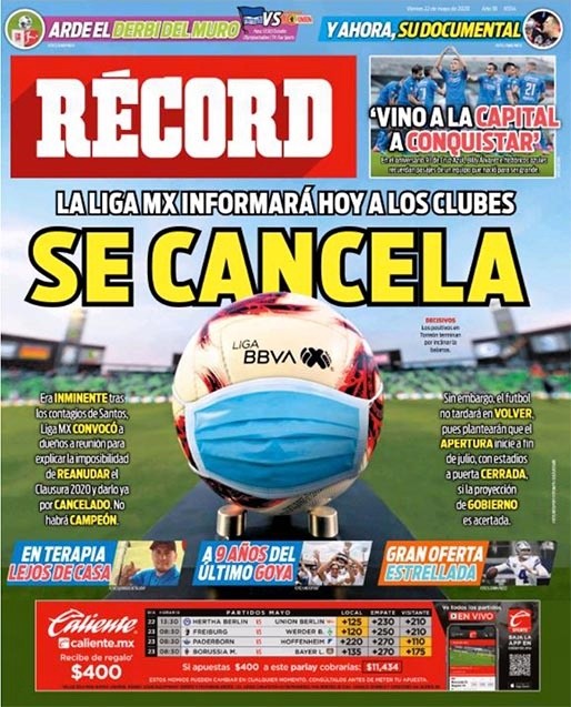 El diario Récord le dedicó su portada a la inminente cancelación del Clausura 2020.