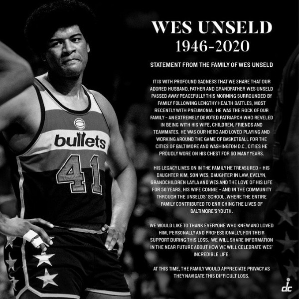 Comunicado muerte de Wes Unseld. Foto: @WashWizards