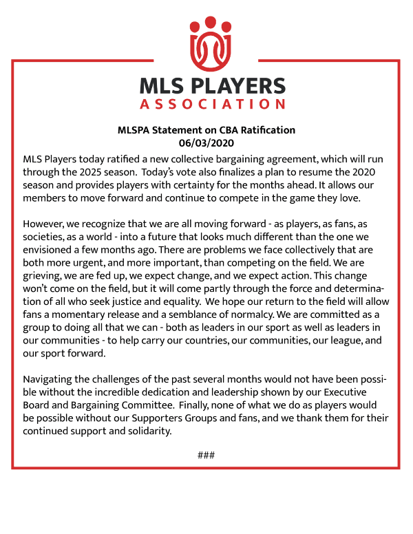 El comunicado de la Asociación de Jugadores de la MLS (Foto: MLSPA)