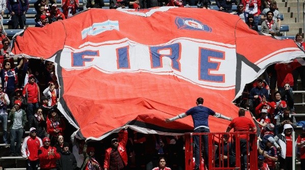 Fans unfurl a giant jersey banner after the Chicago Fire scored a goal (Getty).