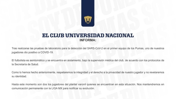 Pumas informó su segundo caso positivo. (Foto: Twitter oficial de Pumas UNAM)