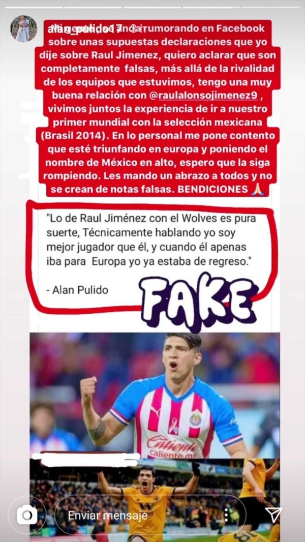 Alan Pulido desmintió haber hablado mal de Raúl Jiménez (Instagram Pulido)