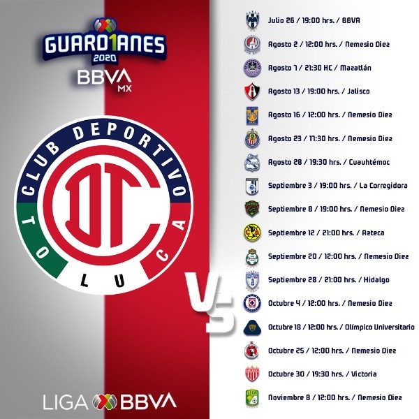 El calendario completo de Toluca para el Torneo Guard1anes 2020
