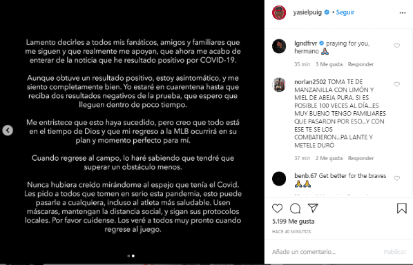 Comunicado de Yasiel Puig sobre su caso positivo para Coronavirus
