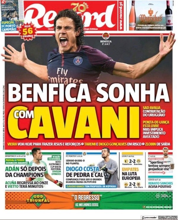 La portada del diario portugués 'Récord'.