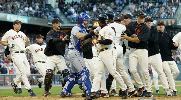 Dodgers and Giants players after a scuffle. (Getty)