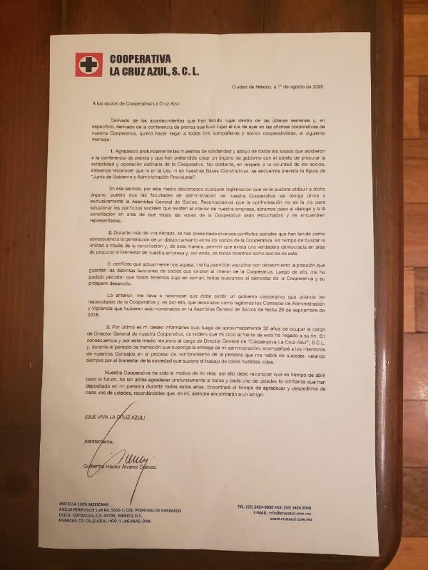 La carta de renuncia de Billy Álvarez. (Twitter cirogomezl)