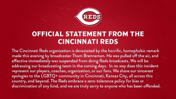 Comunicado oficial por el incidente de Brennaman (@Reds)
