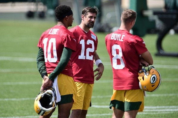 Rodgers y Love en pleno entrenamiento de los Packers (Getty)