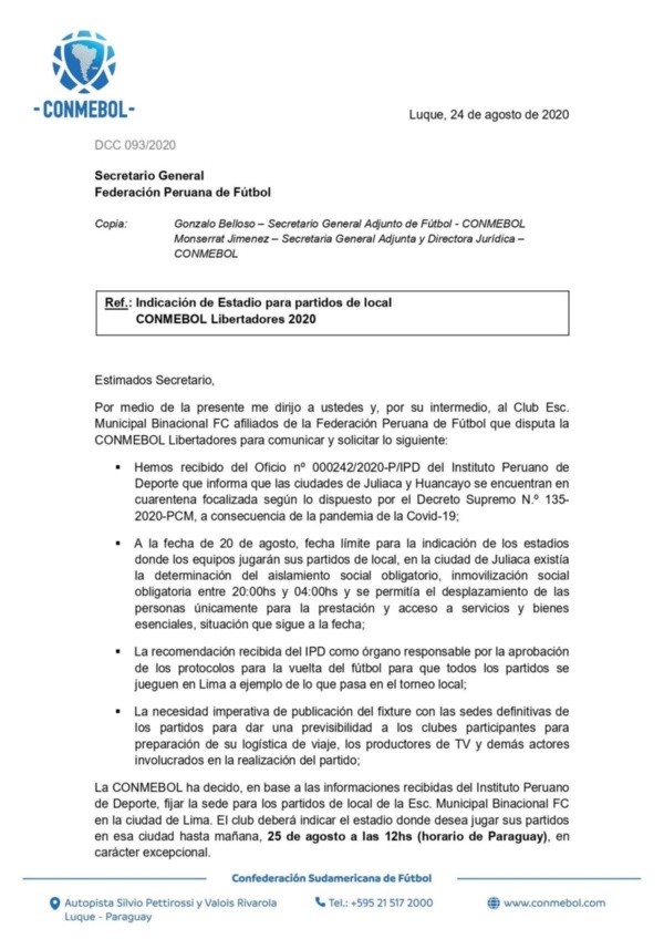 El comunicado sobre la mudanza de la localía.