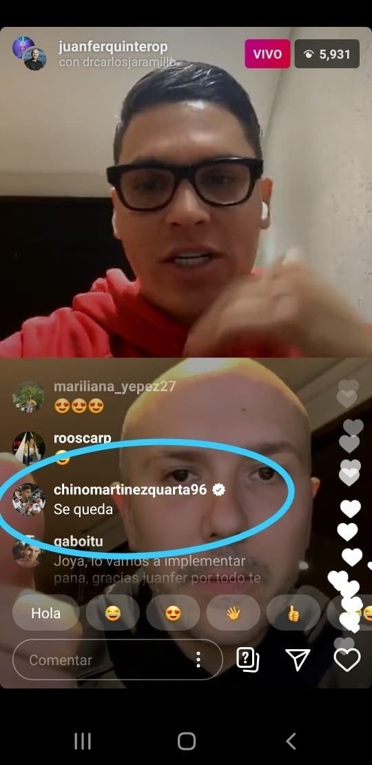 El mensaje de Martínez Quarta en el vivo de Quintero. (Foto: Instagram)