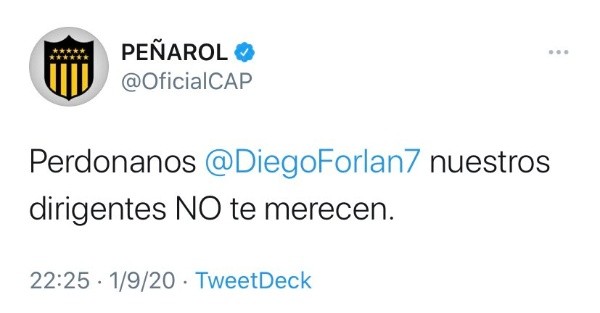 El tuit que luego fue borrado. (Foto: Twitter)