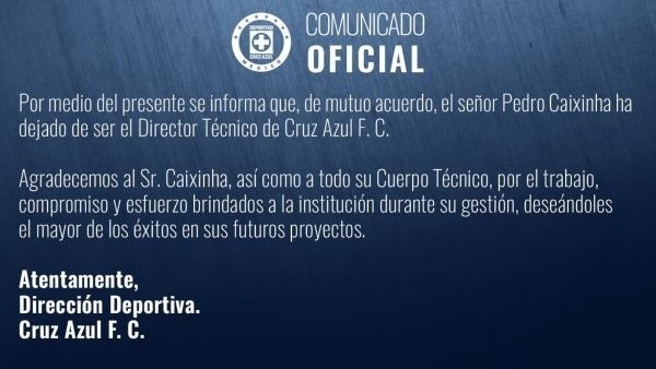 El comunicado con que se despidió a Pedro Caixinha. (Cruz Azul)