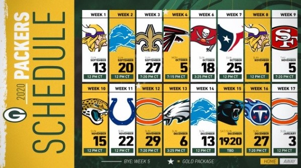 Calendario 2020 de los Green Bay Packers