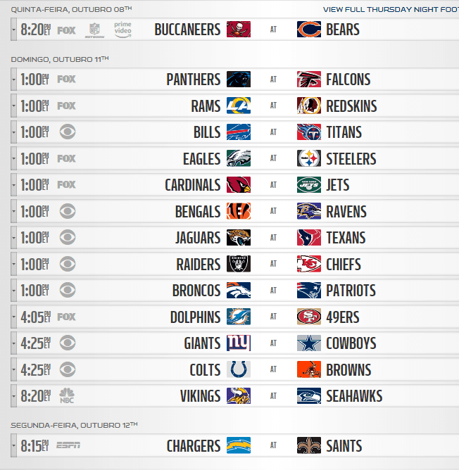 Horários e como assistir aos jogos da rodada 11 da NFL