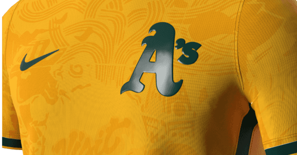 El jersey de visitante de los Oakland Athletics tiene un diseño de patrón de arte callejero.
