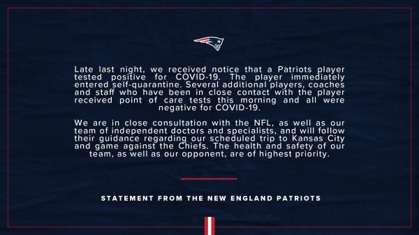 El comunicado confirmado el caso positivo de los Patriots (@Patriots)