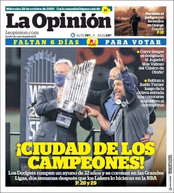 La Opinión, diario en español de Los Angeles, destacando título de los Dodgers (La Opinión)