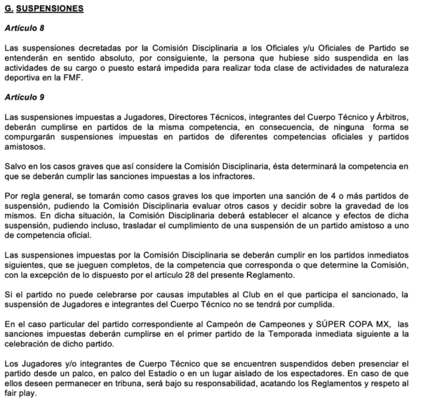 Así detalla la posible sanción el reglamento de FMF. (Liga MX)