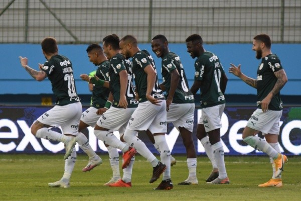 Comemoração de gol do Palmeiras contra o Delfín. Foto: Getty Images