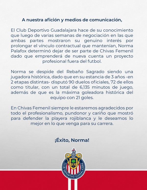 Comunicado oficial de Chivas Femenil sobre Norma Palafox.