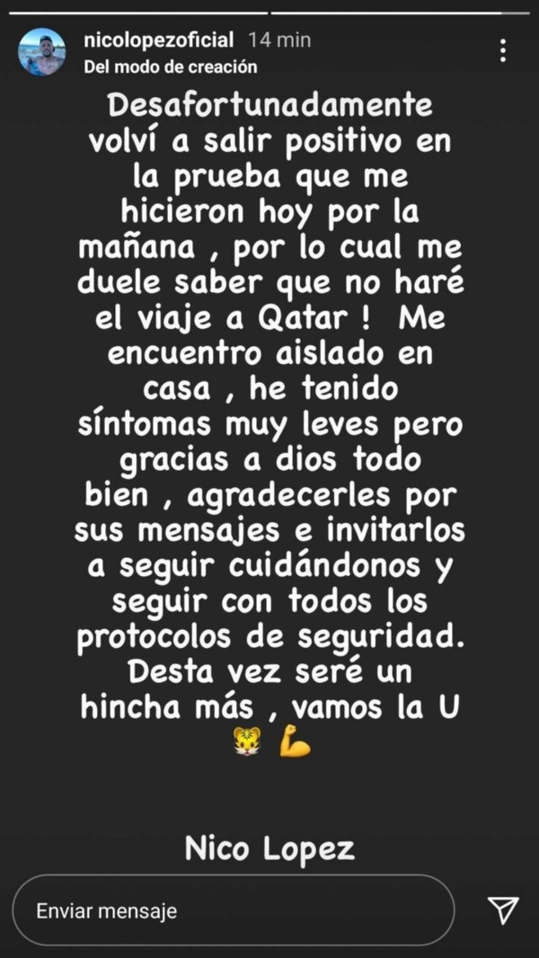 Diente López confirma su positivo de COVID-19. Foto: @nicolopezoficial