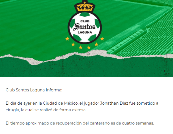 Comunicado de Santos Laguna tras la operación de Jonathan Díaz. Fuente: Santos Laguna