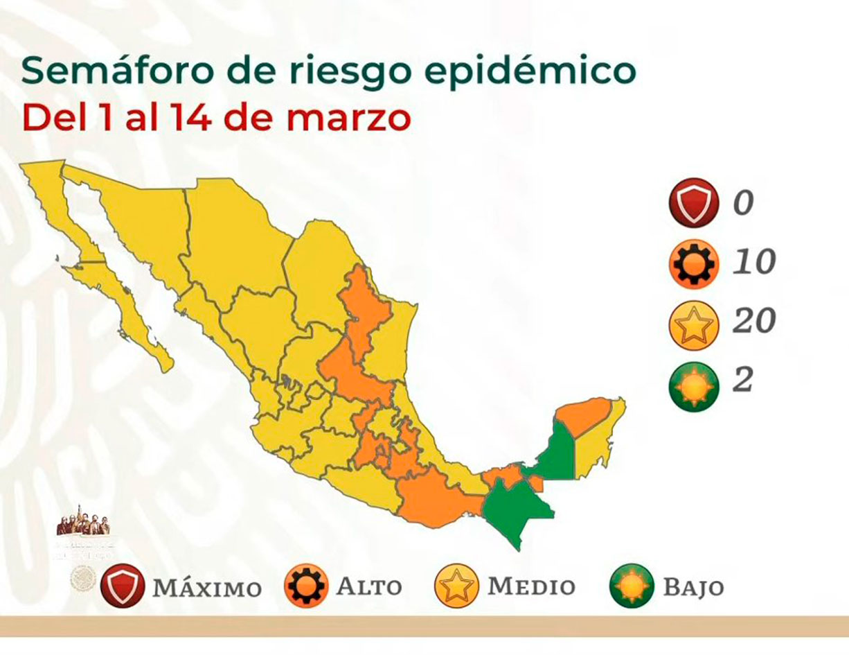 Así quedó el Semáforo de riesgo del 1 al 14 de marzo. (Gobierno de México)