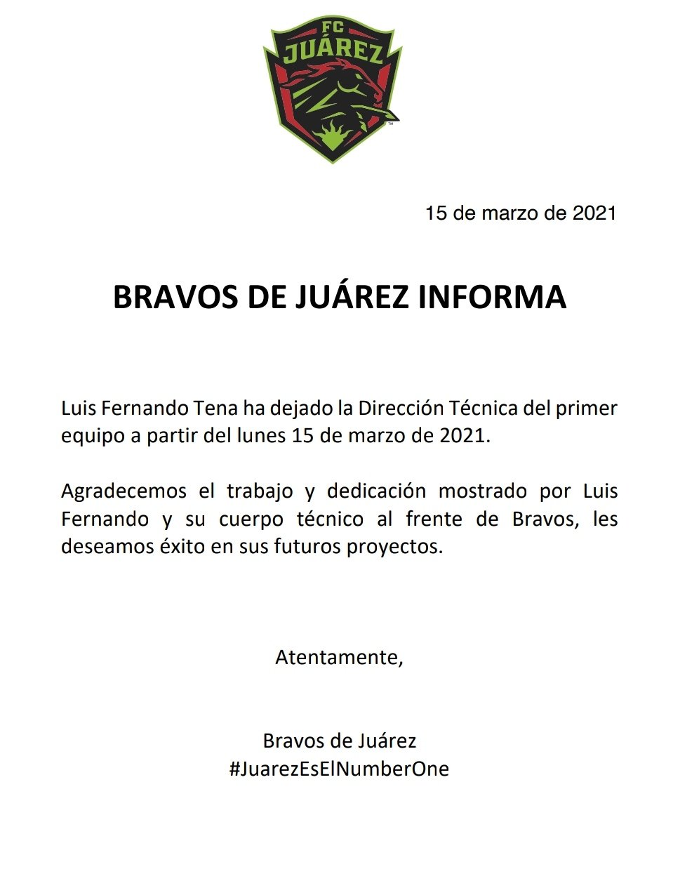 Comunicado de FC Juárez sobre la salida de Luis Fernando Tena. Foto: Prensa Bravos