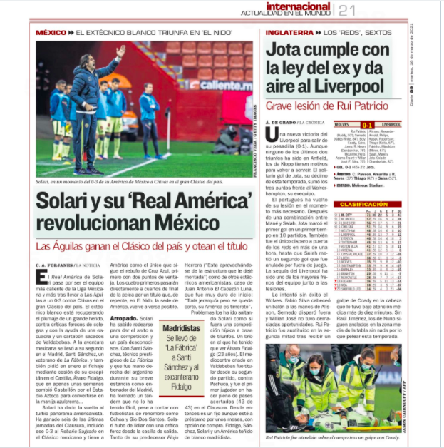 Diario As España destaca al Real América de Solari por victoria en el  Clásico Nacional ante Chivas Torneo Guard1anes 2021 I Liga MX