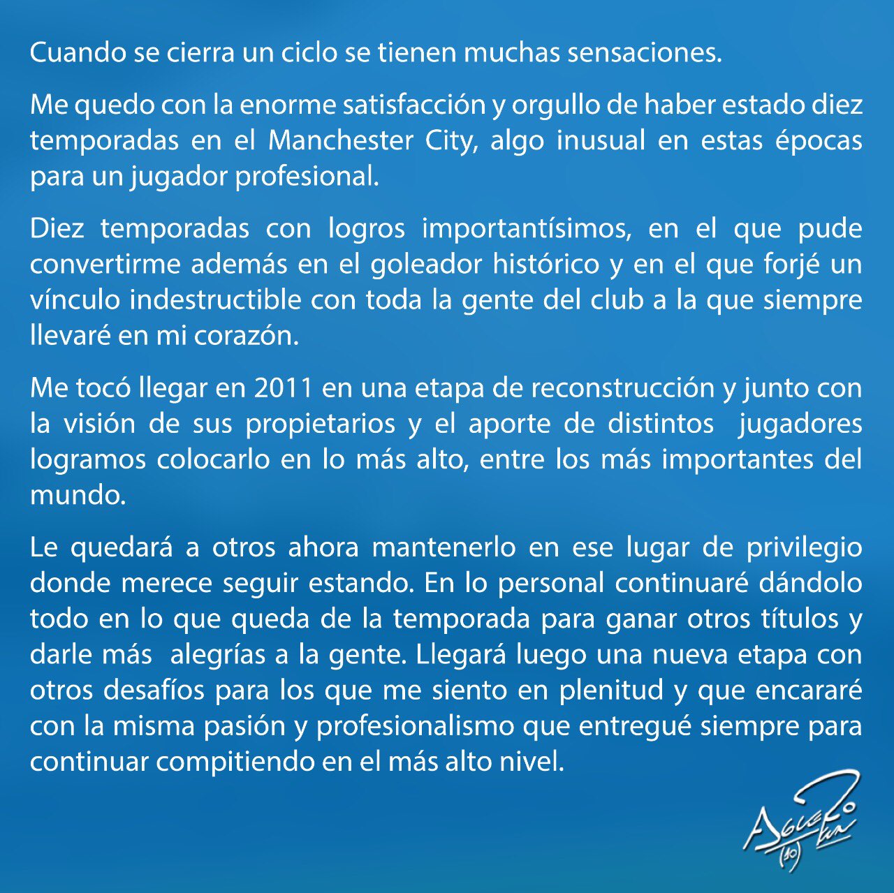 Carta de despedida de Sergio Agüero al Manchester City. Foto: @aguerosergiokun