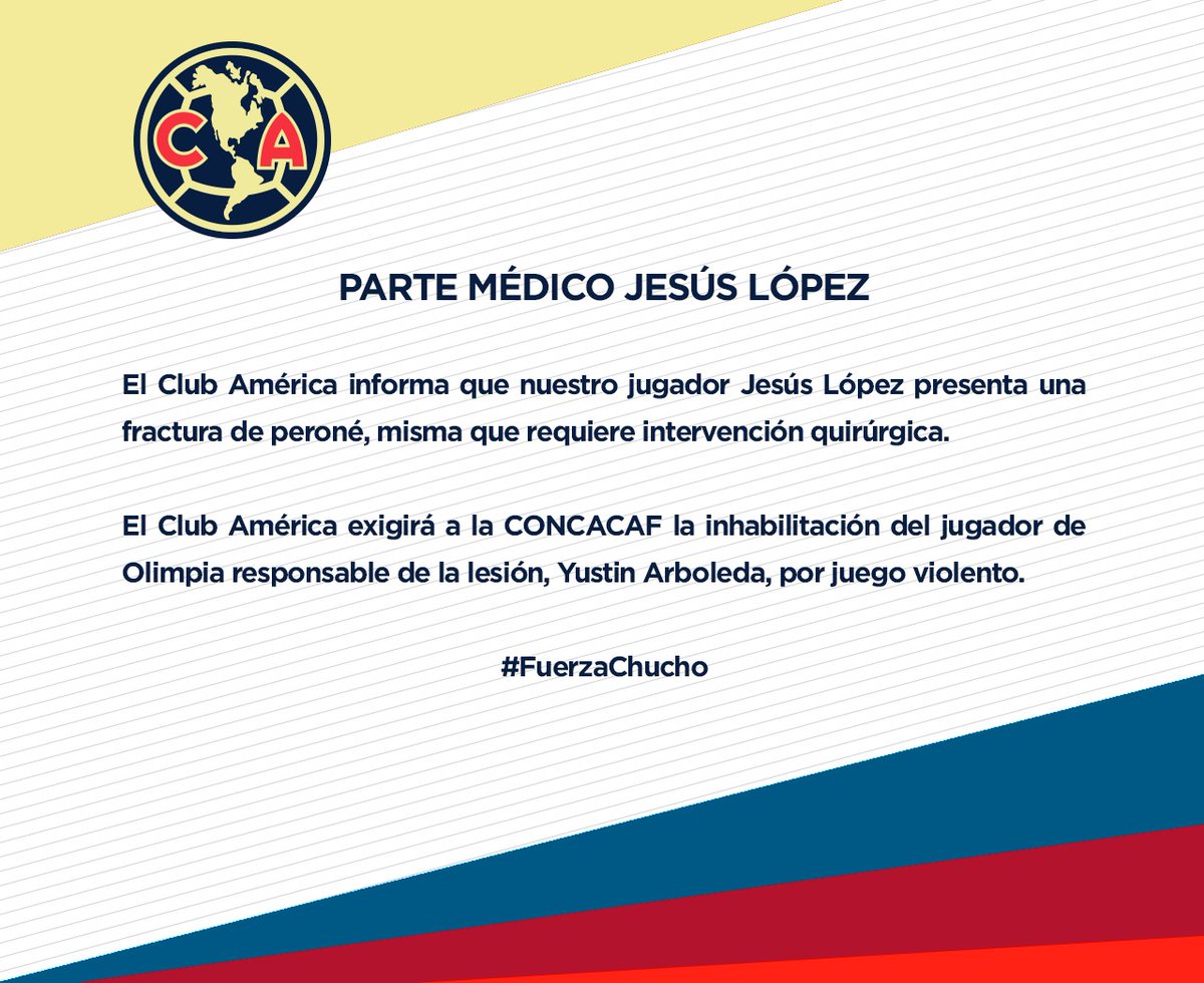 Comunicado de América tras la lesión de Chucho Arboleda. (@ClubAmerica)