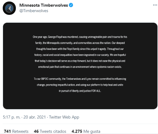 Minnesota Timberwolves sobre el caso George Floyd (Foto: @Timberwolves)