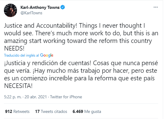 Karl Anthony Towns sobre el caso George Floyd (Foto: @KarlTowns)