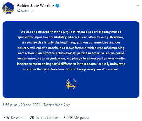 Warriors sobre el veredicto del caso George Floyd (Foto: @Warriors)