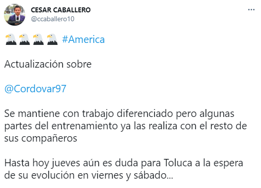 Sebastián Córdova, duda en América ante Toluca. Foto: @ccaballero10