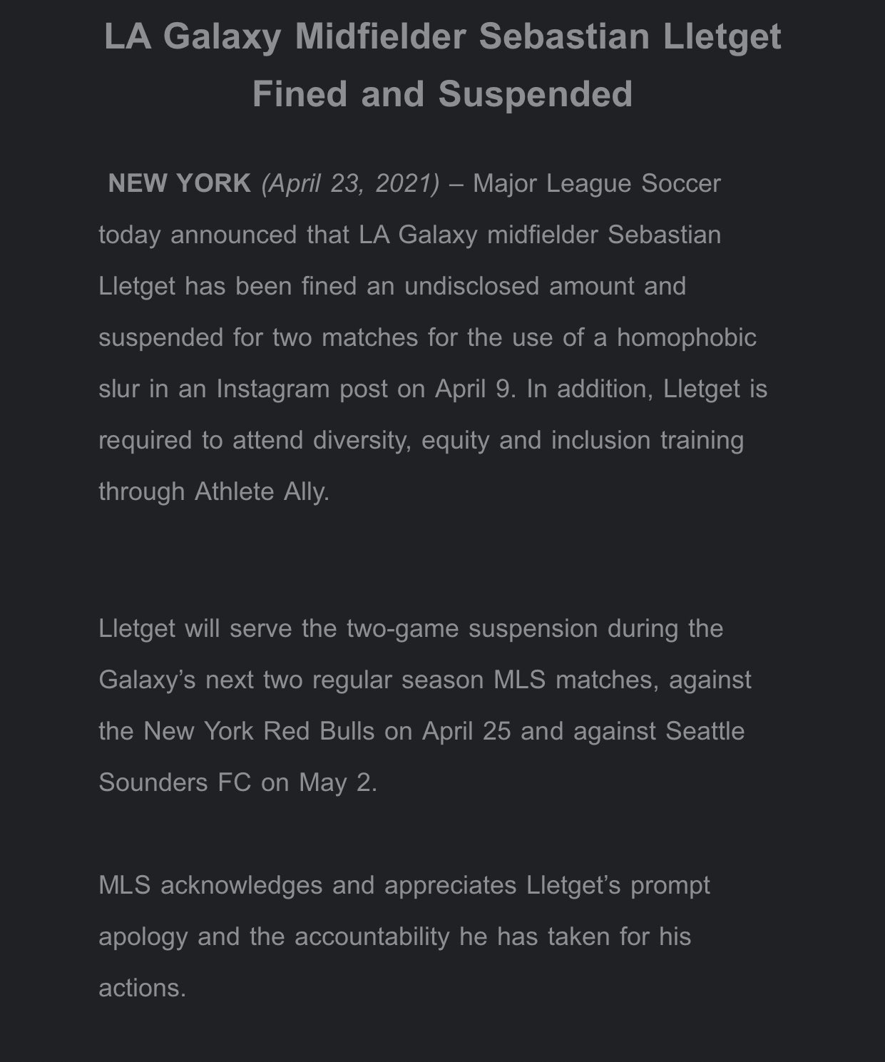 MLS sancion a Sebastian Lletget