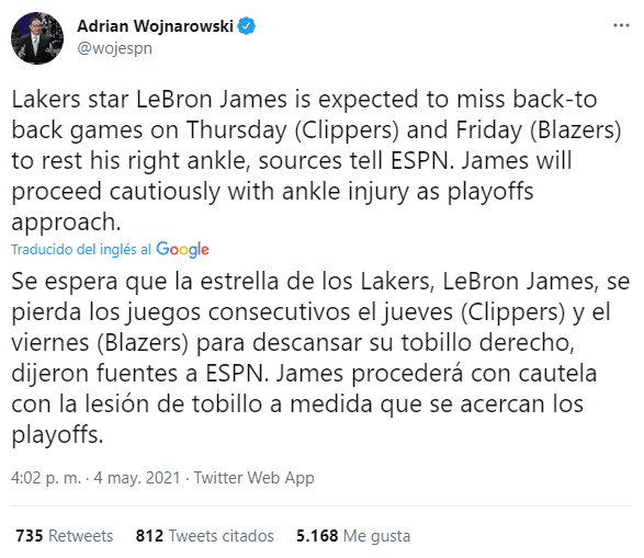 LeBron no jugará en los próximos dos juegos de los Lakers (@wojespn)