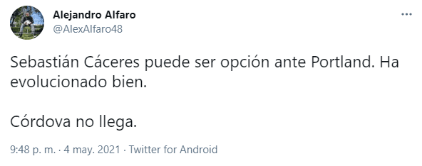 La situación de Cáceres y Córdova en América. Foto: @AlexAlfaro48
