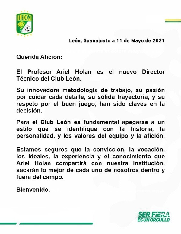 Comunicado León por Ariel Holan