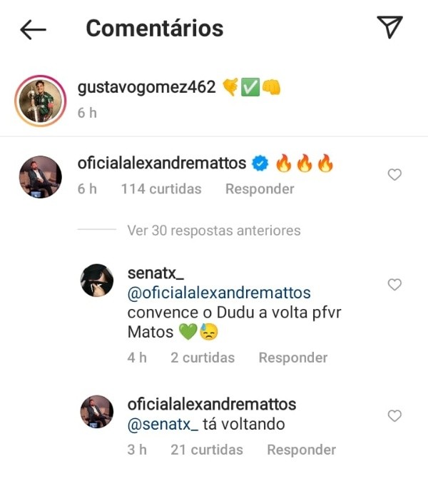 Mattos revelando que Dudu está próximo de retonar ao Palmeiras. Foto: Reprodução/ Instagram
