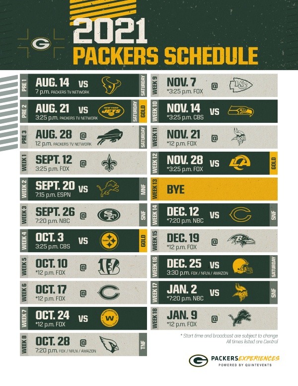 Se publica el calendario de los Packers para 2022