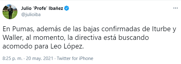 Pumas buscaría salir de Leonel López (TW Julio Ibáñez)