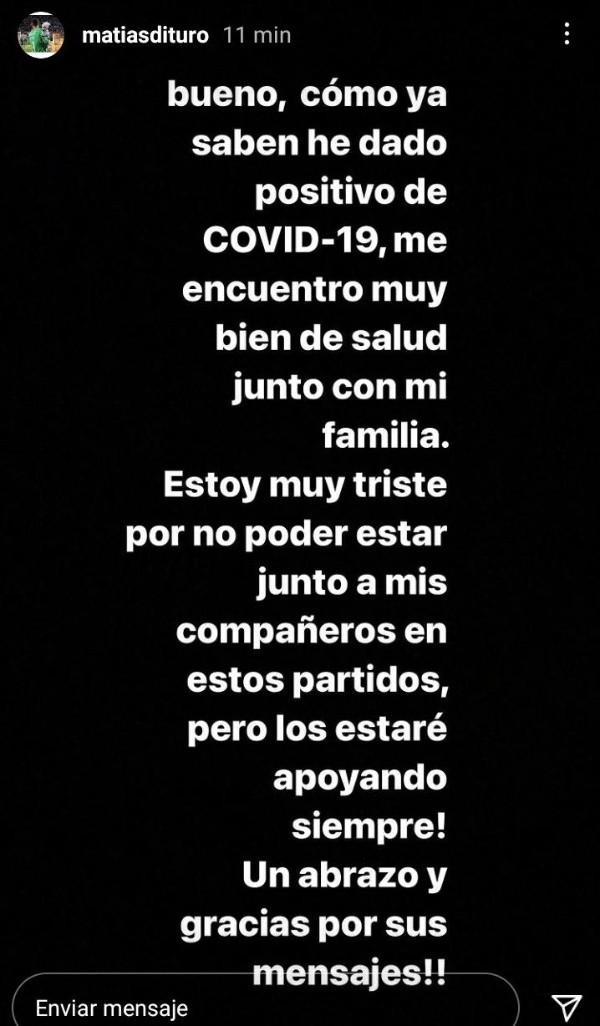 Matías Dituro informa su estado luego de informarse que da positivo por Covid-19