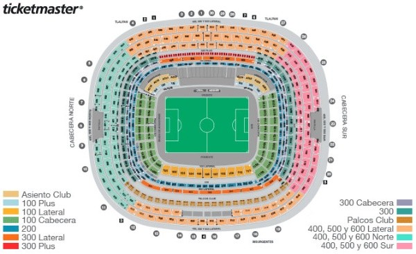 Estas son las zonas del Estadio Azteca. (Ticketmaster)