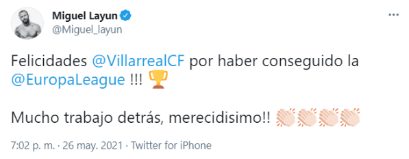 Miguel Layún felicitó a Villarreal por el título de Europa League.