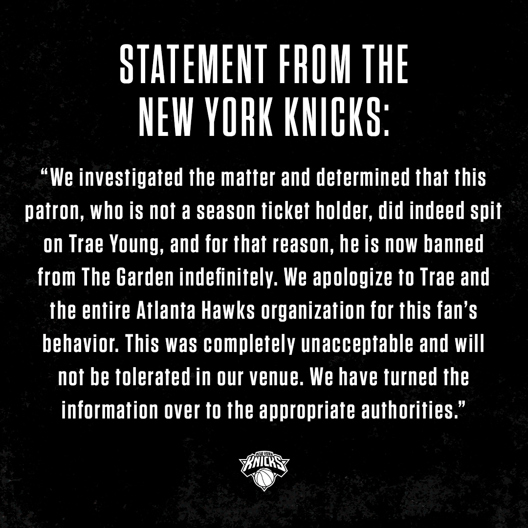 El comunicado de New York Knicks por aficionado que escupió a Trae Young (@nyknicks)